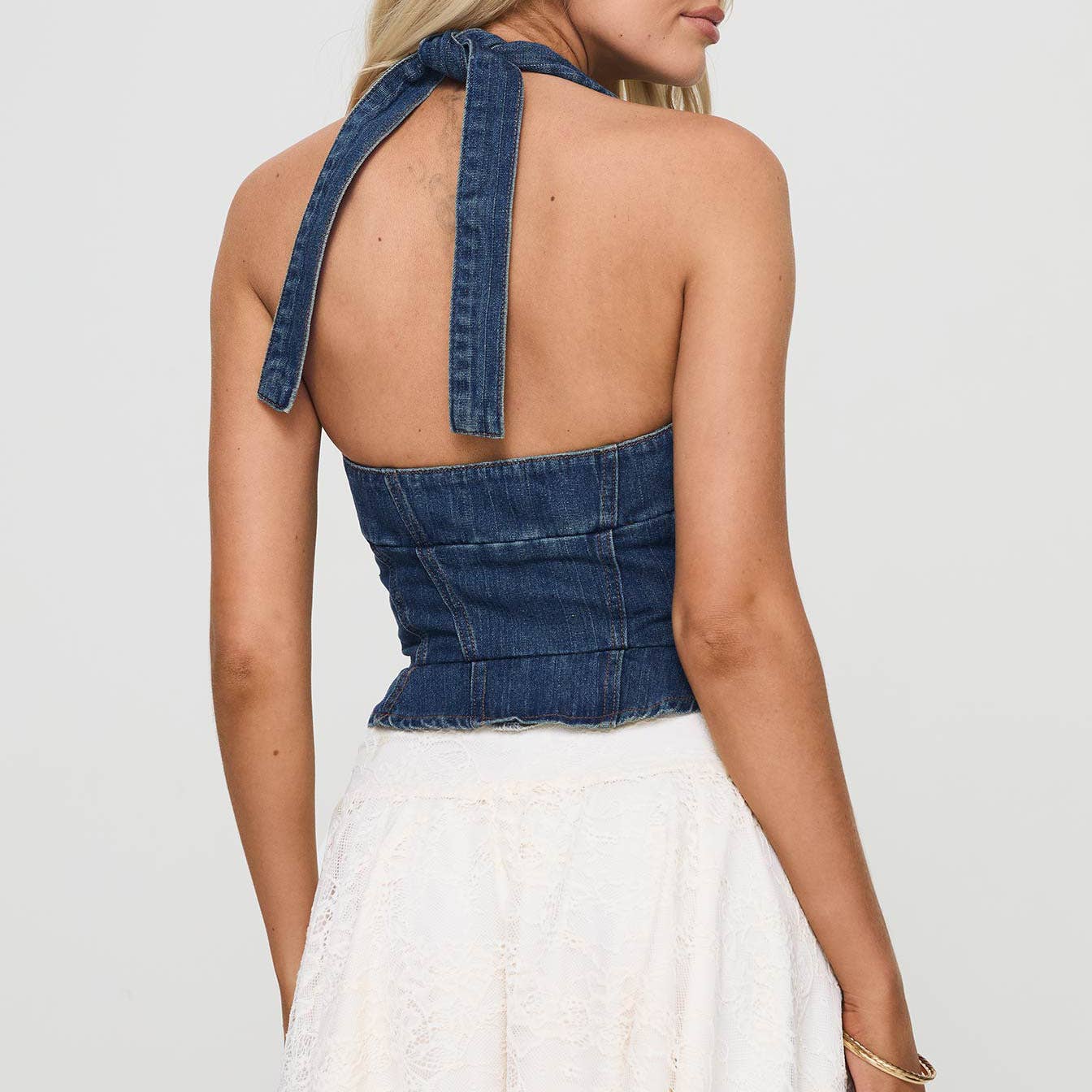 Rosa Clothing - Hottie Tie String Button Halterneck Denim Vest