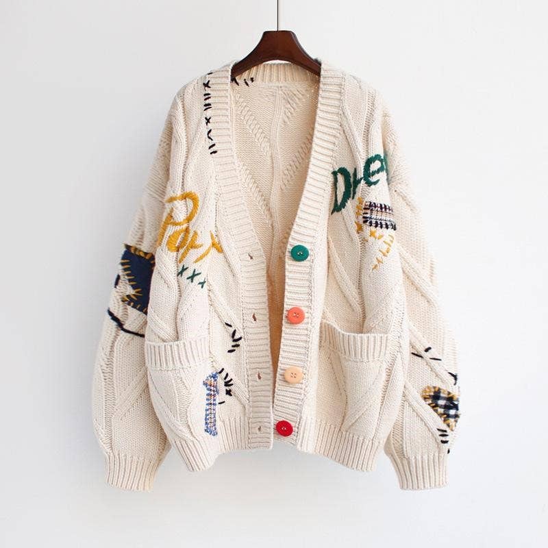 Rosa Clothing - Slouchy Embroidered Cardigan With 6 Colors