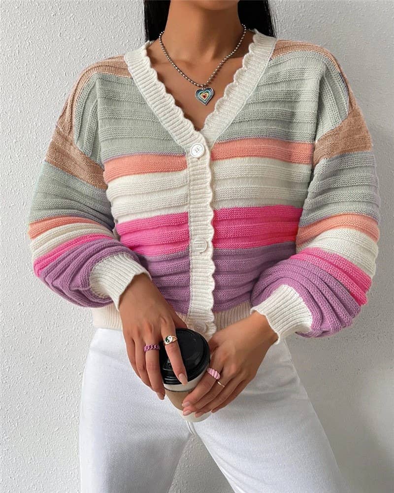 Rosa Clothing - Rainbow Striped Balloon Sleeve Cardigan