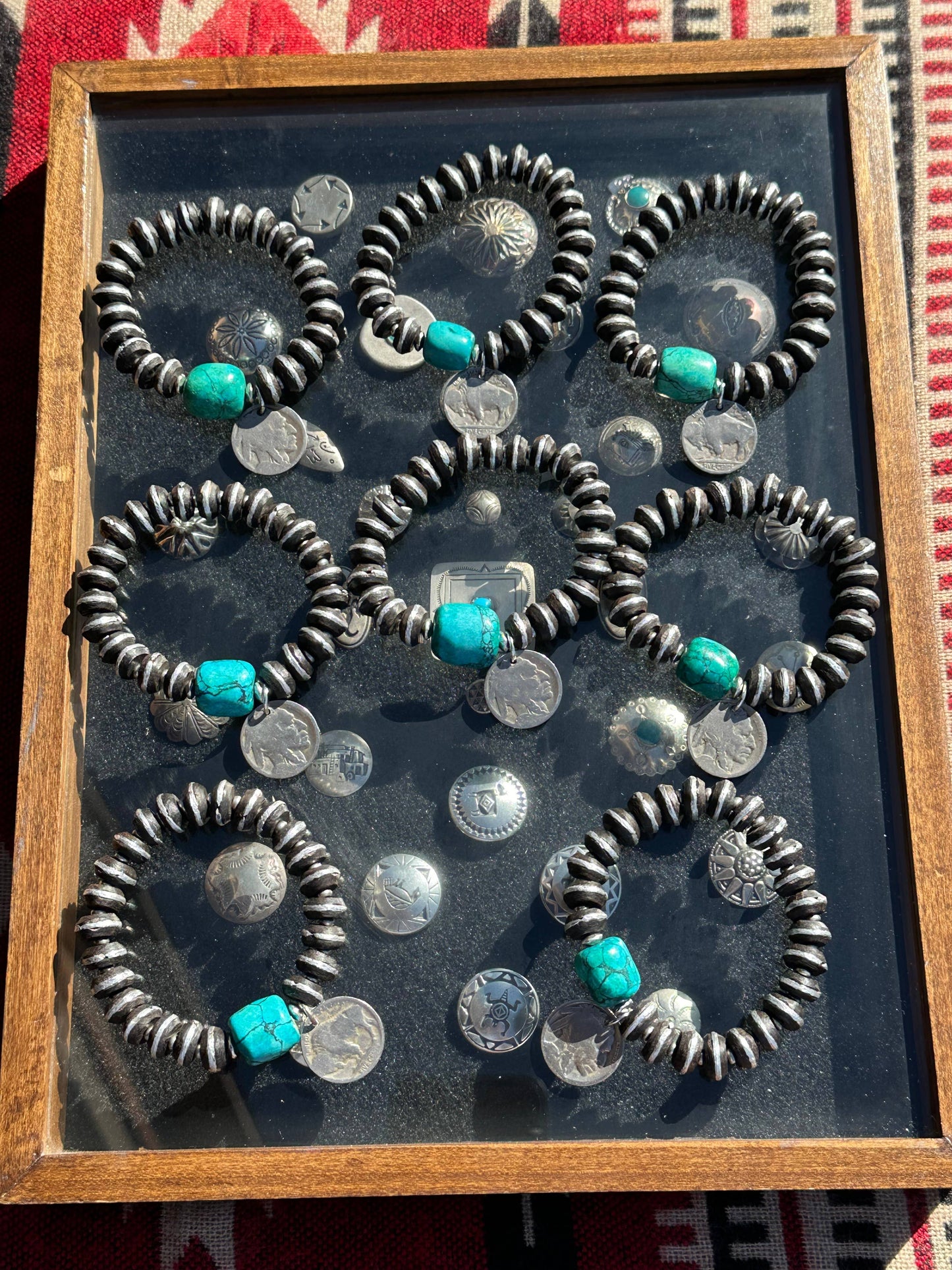 African Ebony Wood and Turquoise Stretch Bracelets