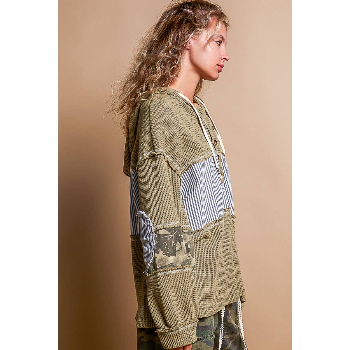 Pol Clothing - Printed camo sleeve elbow patches solid top SALE