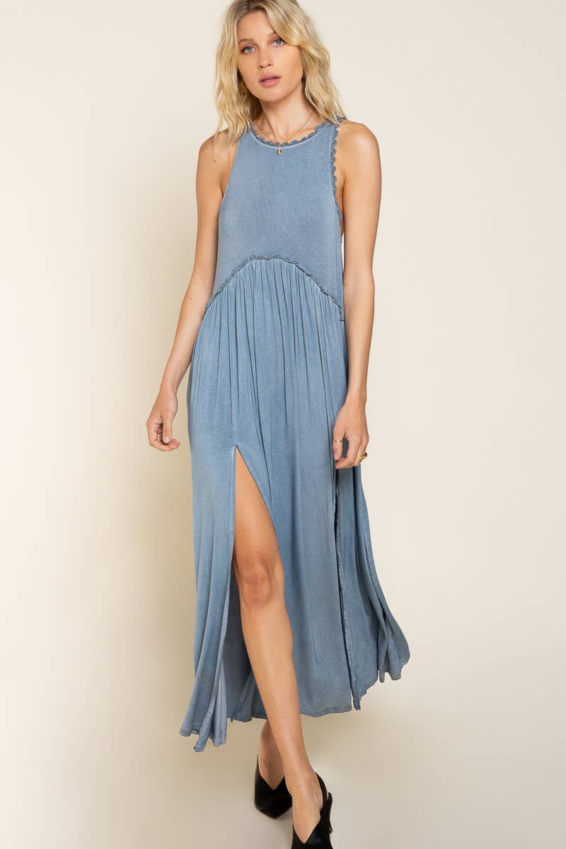 Pol Clothing - Sleeveless racerback back zipper front slit knit maxi dress