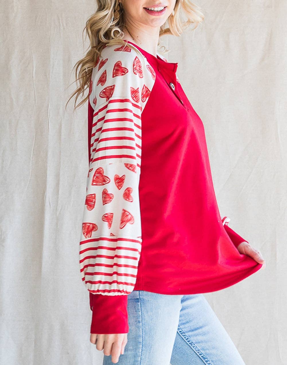 Heart Striped Raglan Sleeve Henley Top