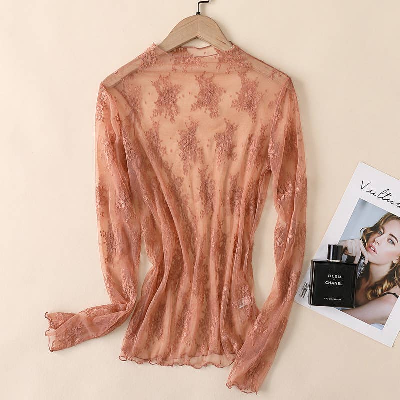 Rosa Clothing - Semi Sheer Mesh Floral Lace Layering See Through Top