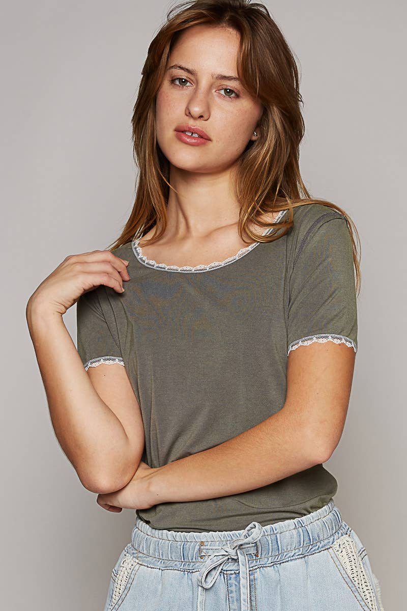 Pol Clothing - Round neck lace lace short sleeve solid basic knit top
