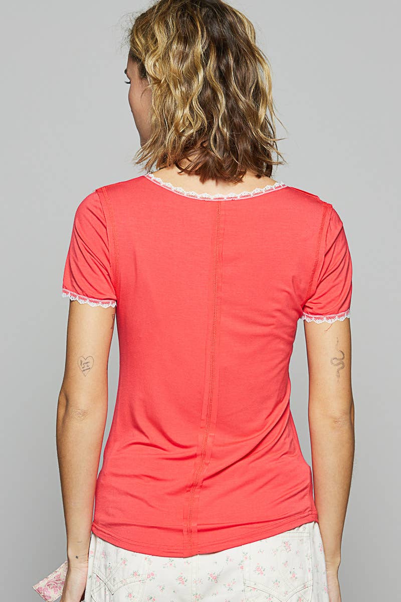 Pol Clothing - Round neck lace lace short sleeve solid basic knit top