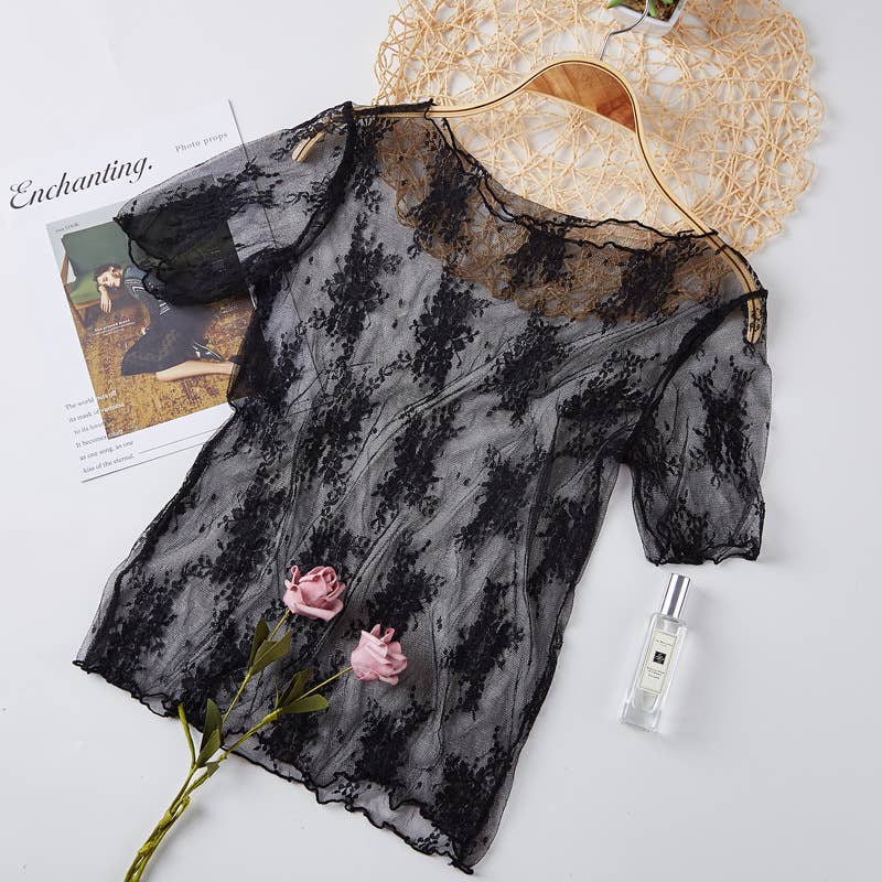Rosa Clothing - Floral lace mesh see through short sleeve top - 6 colors