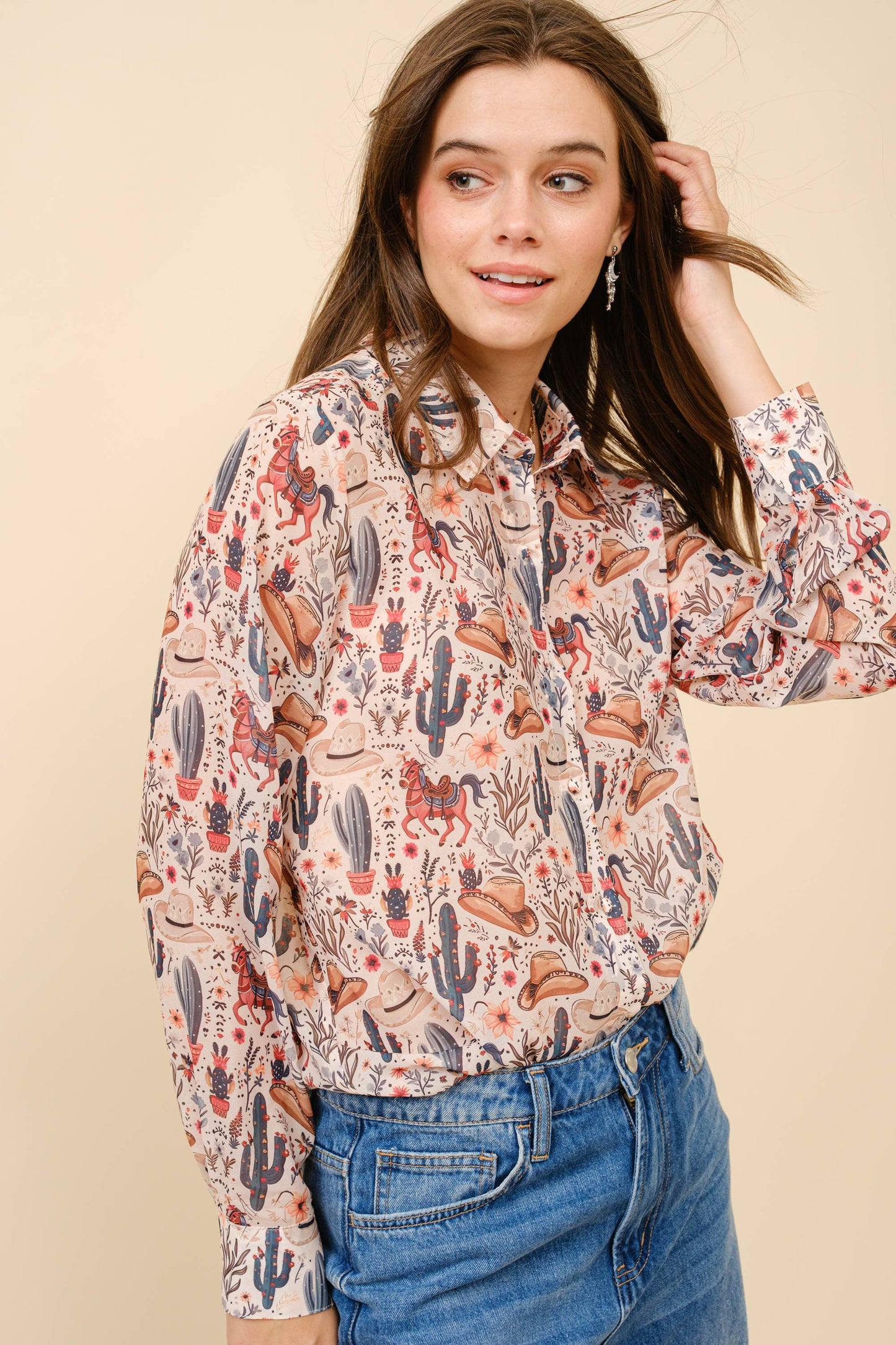 Blue B - 36204T - Western Print Chiffon Button Up Blouse