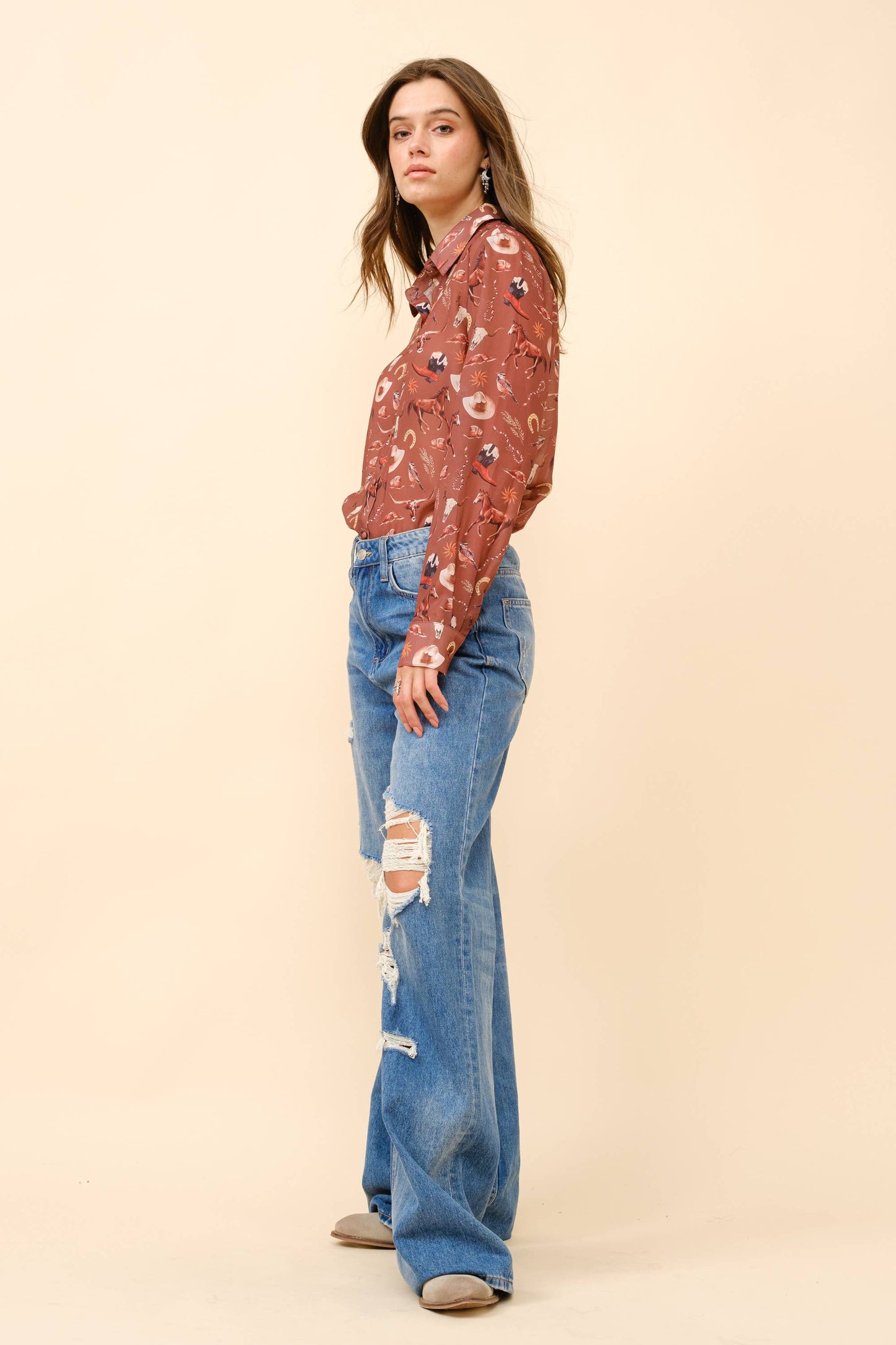 Blue B - 36204T - Western Print Chiffon Button Up Blouse