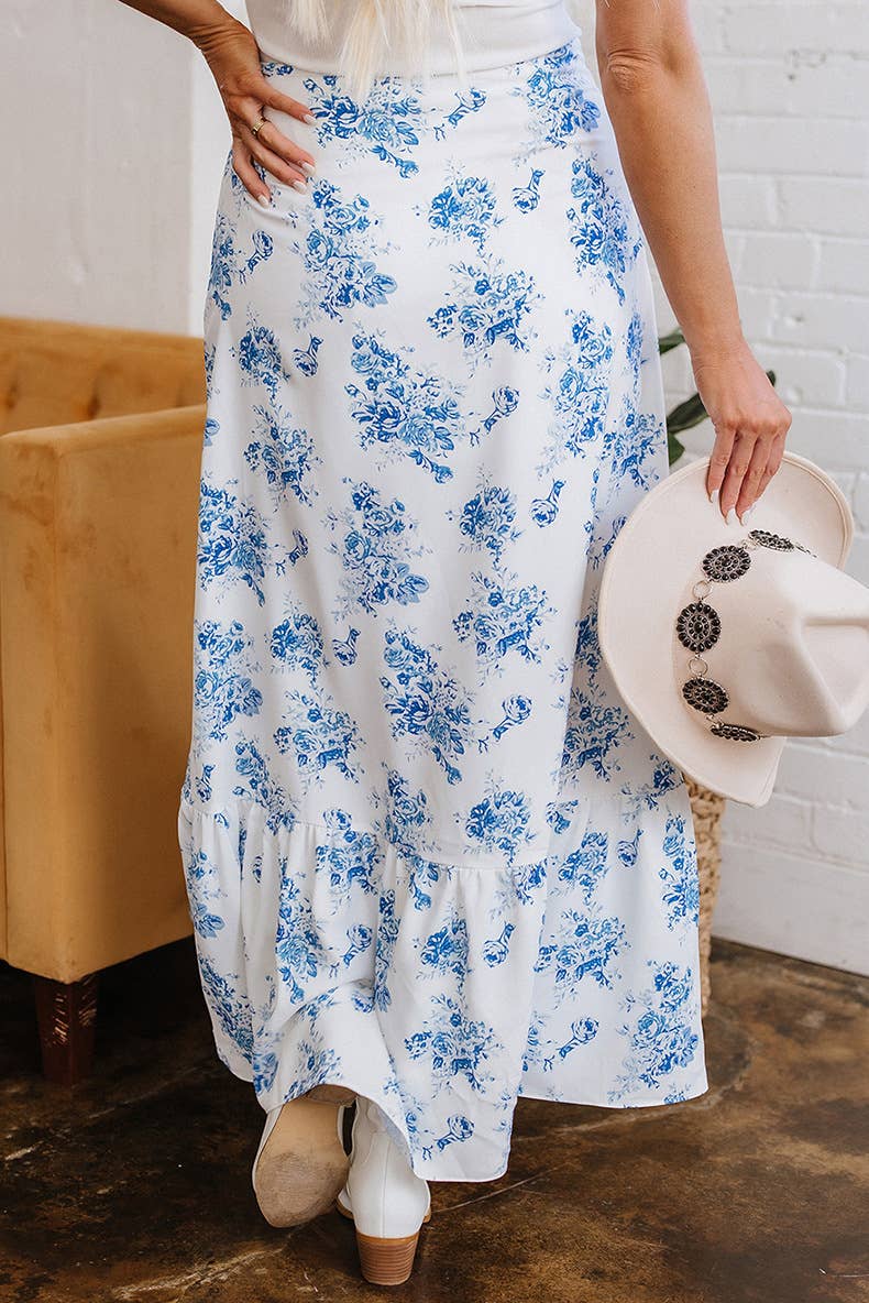 Rosa Clothing - Western Cowgirl Blue Floral ruffle high silt maxi skirt