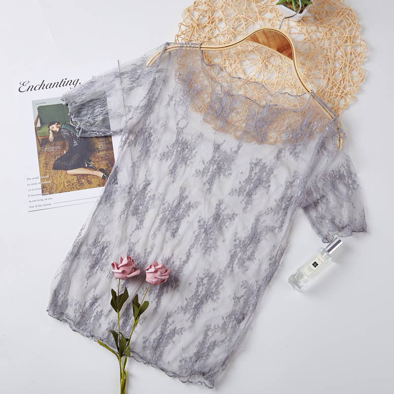 Rosa Clothing - Floral lace mesh see through short sleeve top - 6 colors