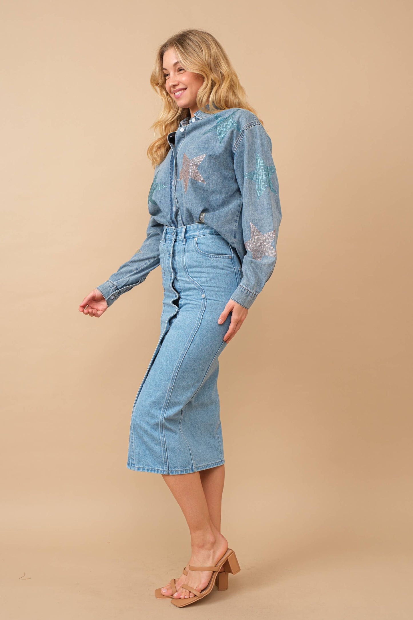 80187S- Mid Rise Fitted Button Up Midi Denim Pencil Skirt
