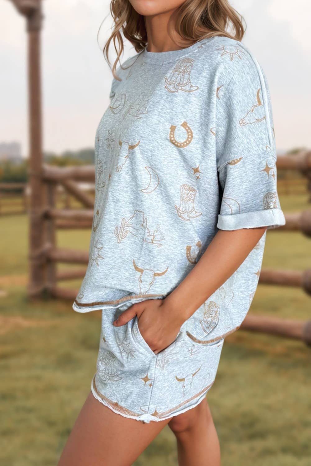 fashionworks - Fashion-W Western Fashion T Shirt Elastic Waist Shorts Set