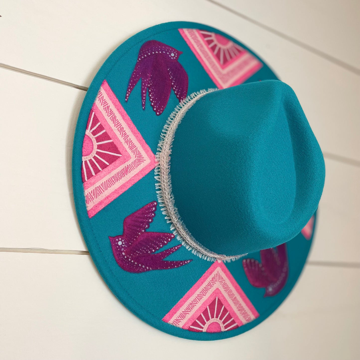 Turquoise Native Bird Flat Rimmed Felt Hat