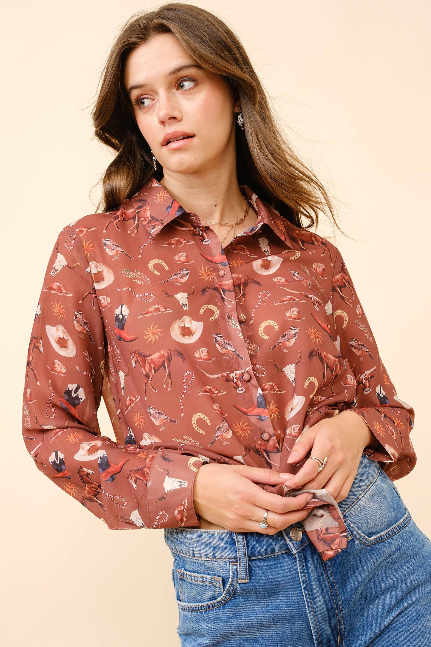 Blue B - 36204T - Western Print Chiffon Button Up Blouse