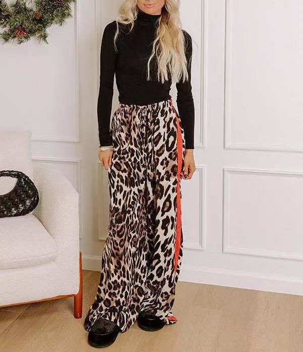 Rosa Clothing - Leopard Print Patchwork Elegant Wide-Leg Women's Pants