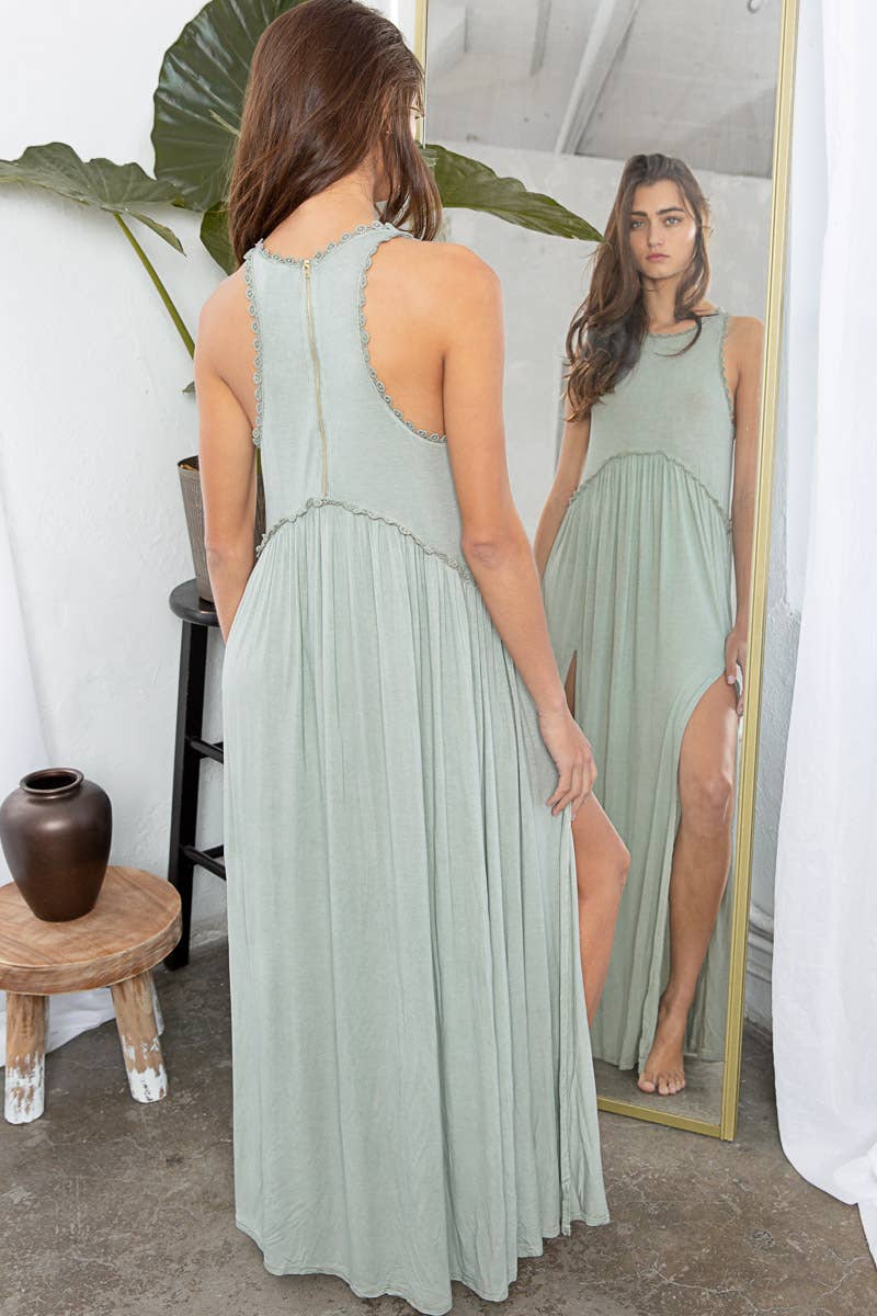 Pol Clothing - Sleeveless racerback back zipper front slit knit maxi dress