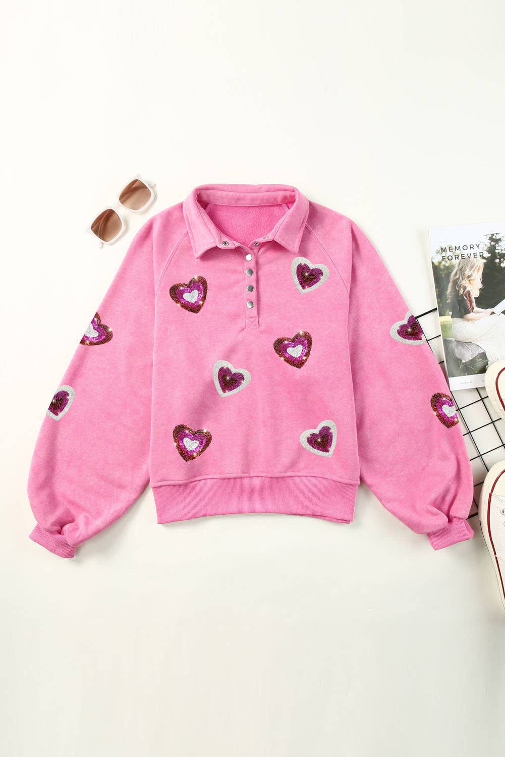 LiveFashionWay - Mineral Wash Sequin Heart Snap Buttons Collared Sweatshirt (