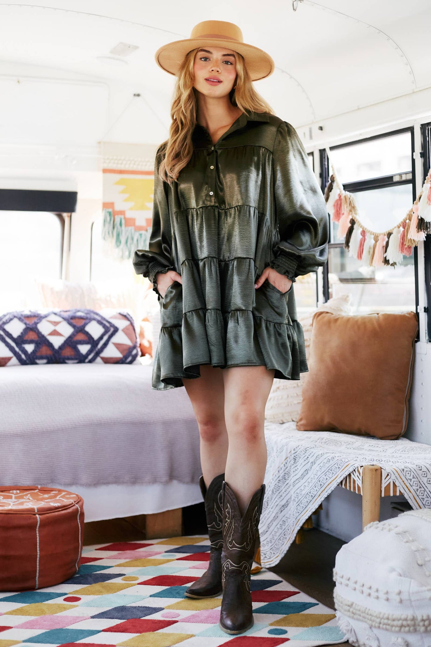 Satin Shirt Dress with Tiered Bottom