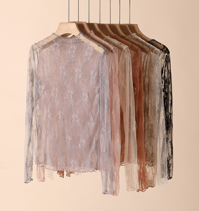 Rosa Clothing - Semi Sheer Mesh Floral Lace Layering See Through Top