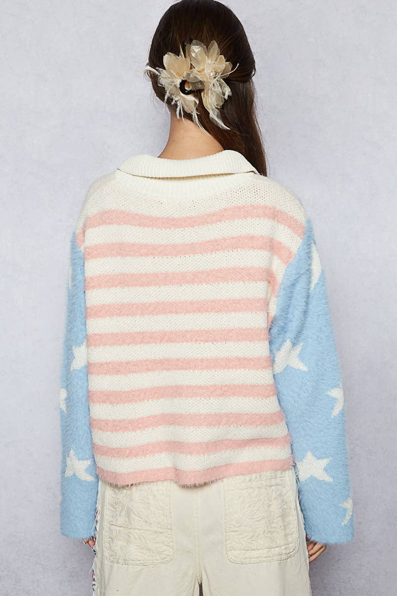 Pol Clothing - Collar neck long sleeve American flag mohair sweater jacket