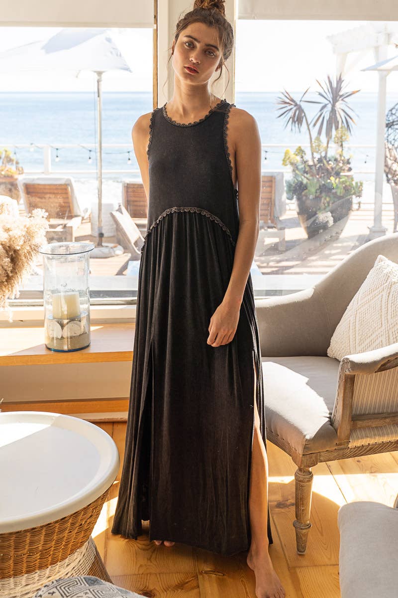 Pol Clothing - Sleeveless racerback back zipper front slit knit maxi dress