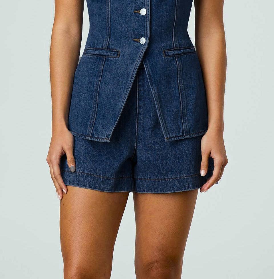 Rosa Clothing - Trendy Effortlessly Denim V-Neck Vest And Shorts Set