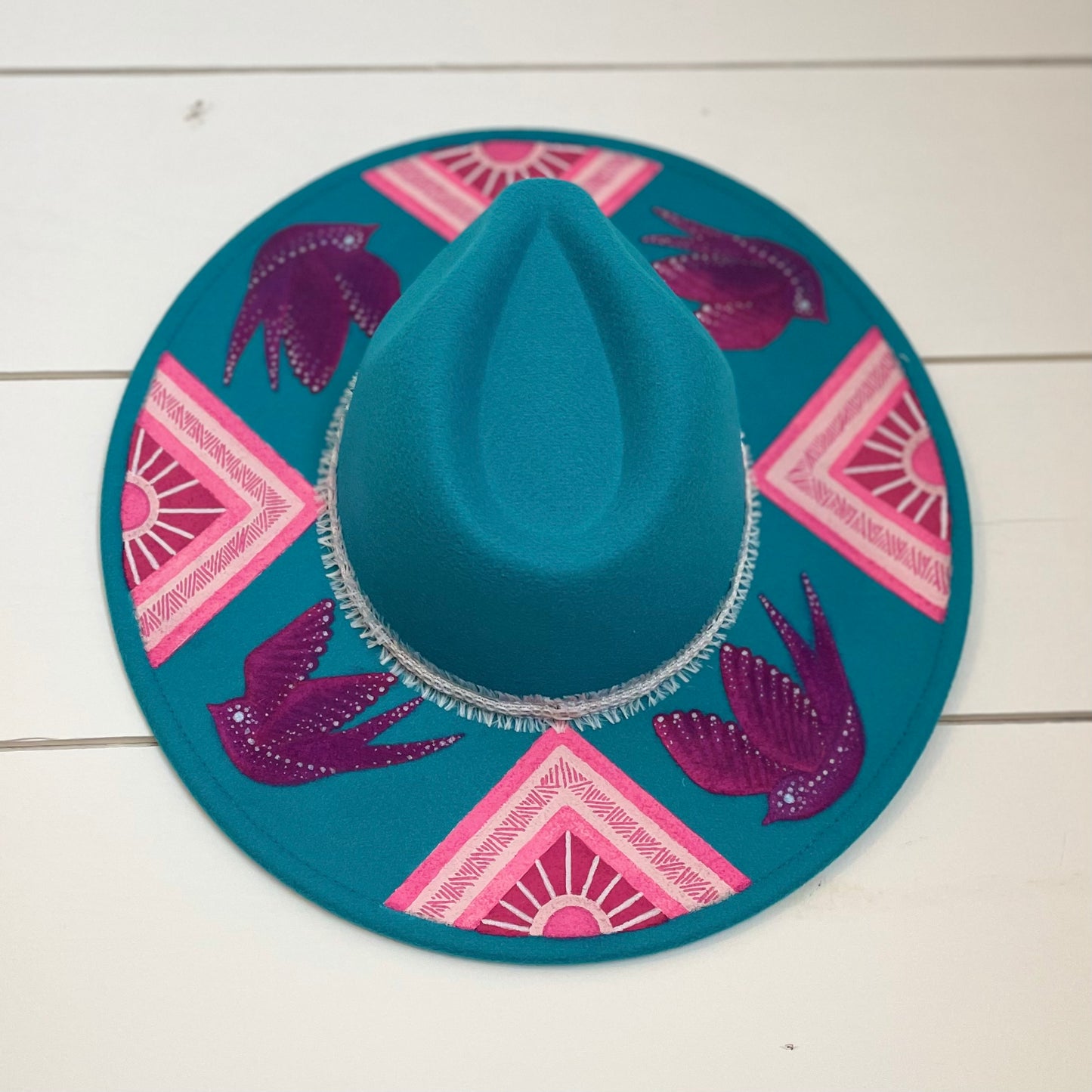 Turquoise Native Bird Flat Rimmed Felt Hat
