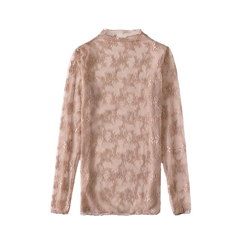 Rosa Clothing - Semi Sheer Mesh Floral Lace Layering See Through Top