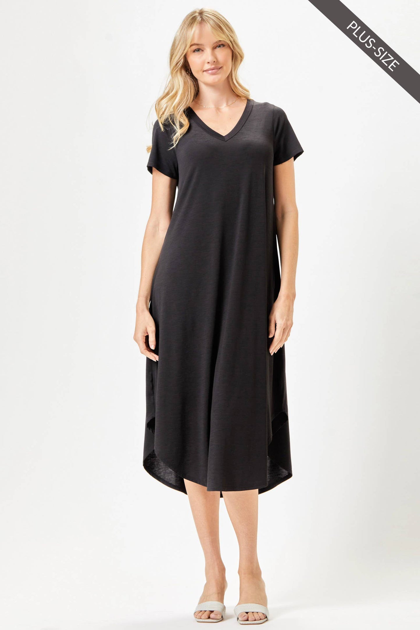 PLUS SIZE Beautiful Solid Midi Dress With Dolphin Hemline