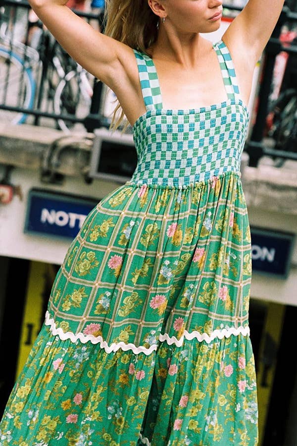 Rosa Clothing - Green checkered Unique Floral Boho ric rac tiered dress