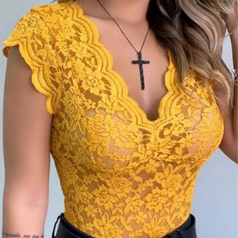 Rosa Clothing - Floral sheer lace fitted tank sleeveless v-neck top