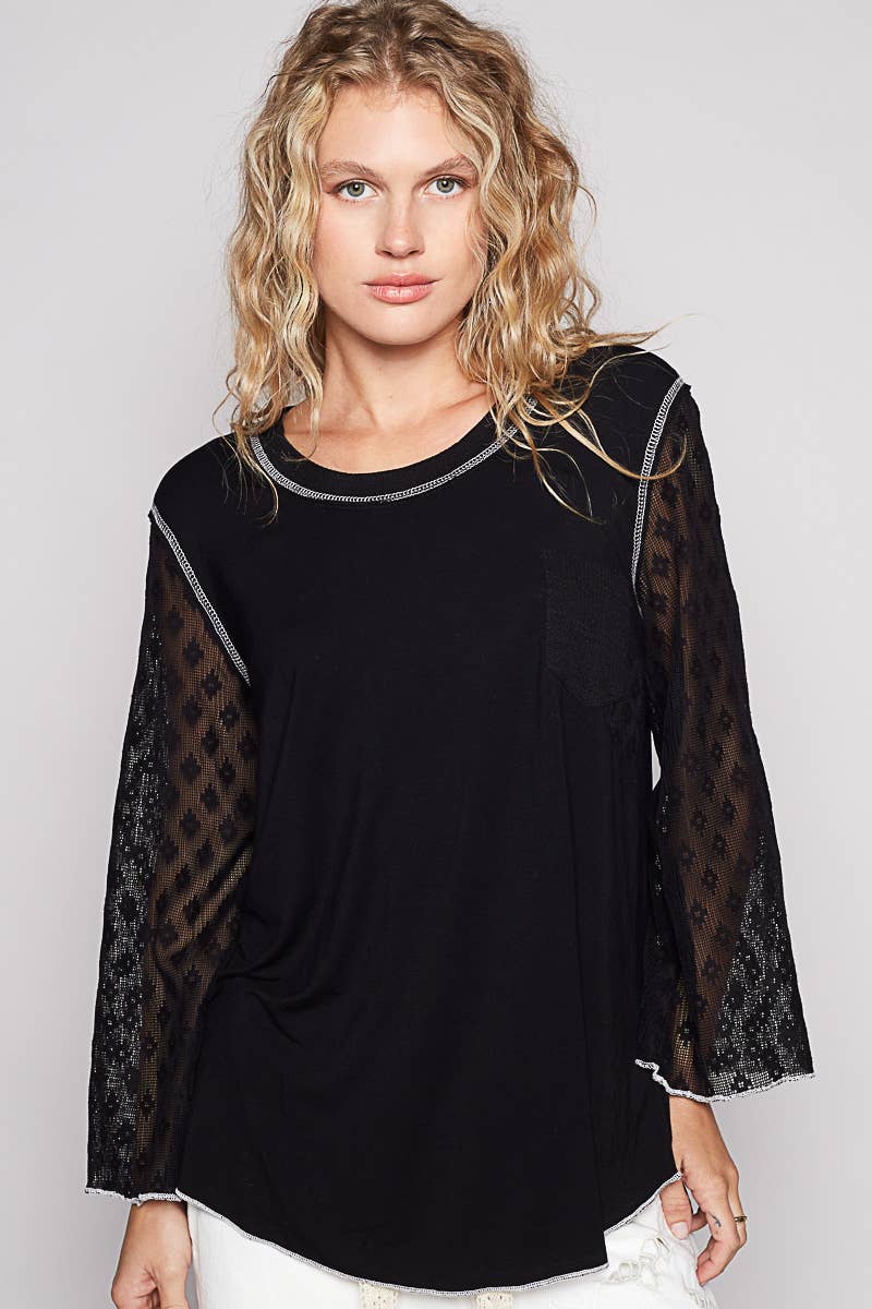 Pol Clothing - Scoop neck lace long sleeve front pocket solid top