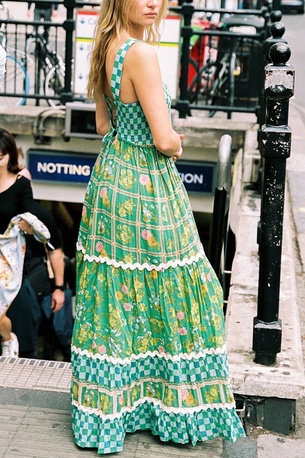 Rosa Clothing - Green checkered Unique Floral Boho ric rac tiered dress