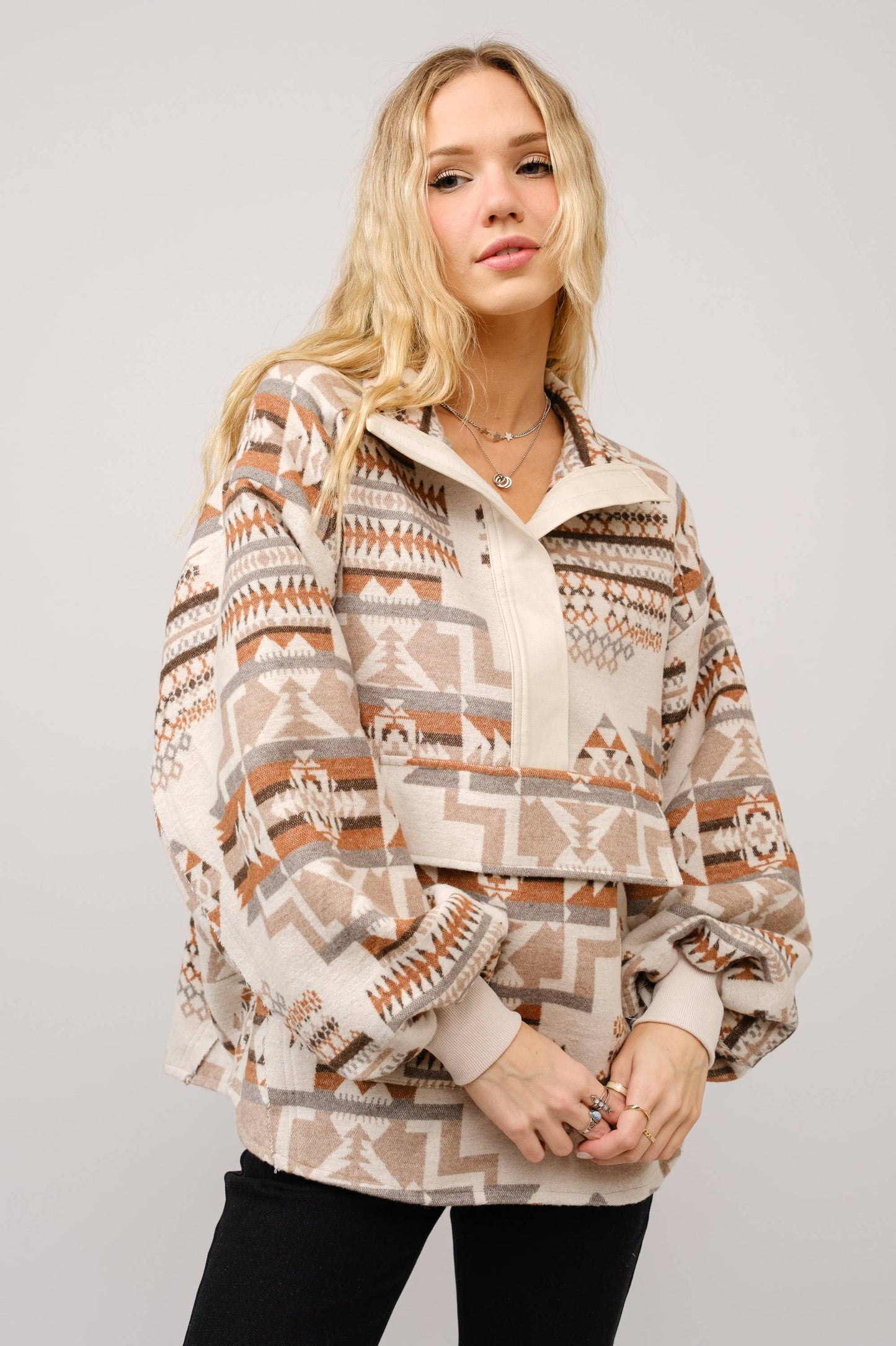 Blue B - 33097J - Aztec Jacquard Mock Neck Pullover