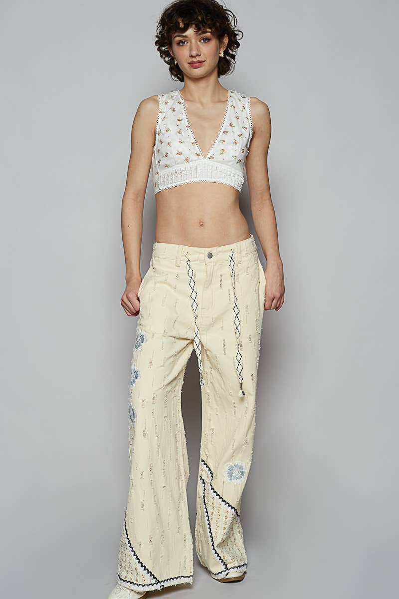 Pol Clothing - Floral patches embroidery elastic band casual pant