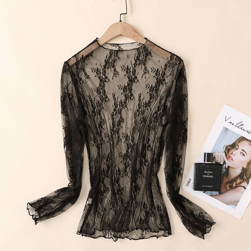 Rosa Clothing - Semi Sheer Mesh Floral Lace Layering See Through Top