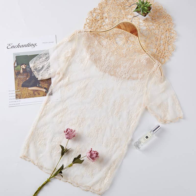 Rosa Clothing - Floral lace mesh see through short sleeve top - 6 colors