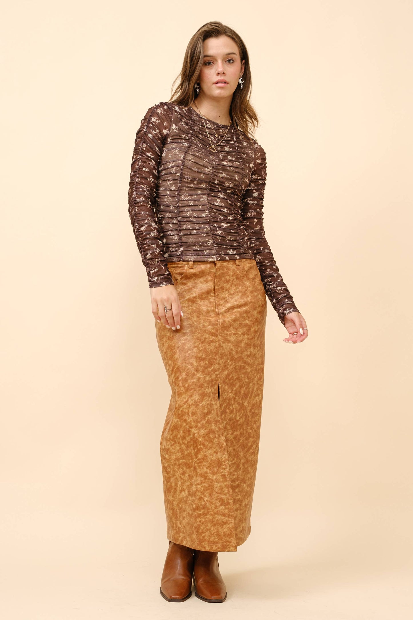 Blue B - 23046T - Ruched Western Print Mesh Top