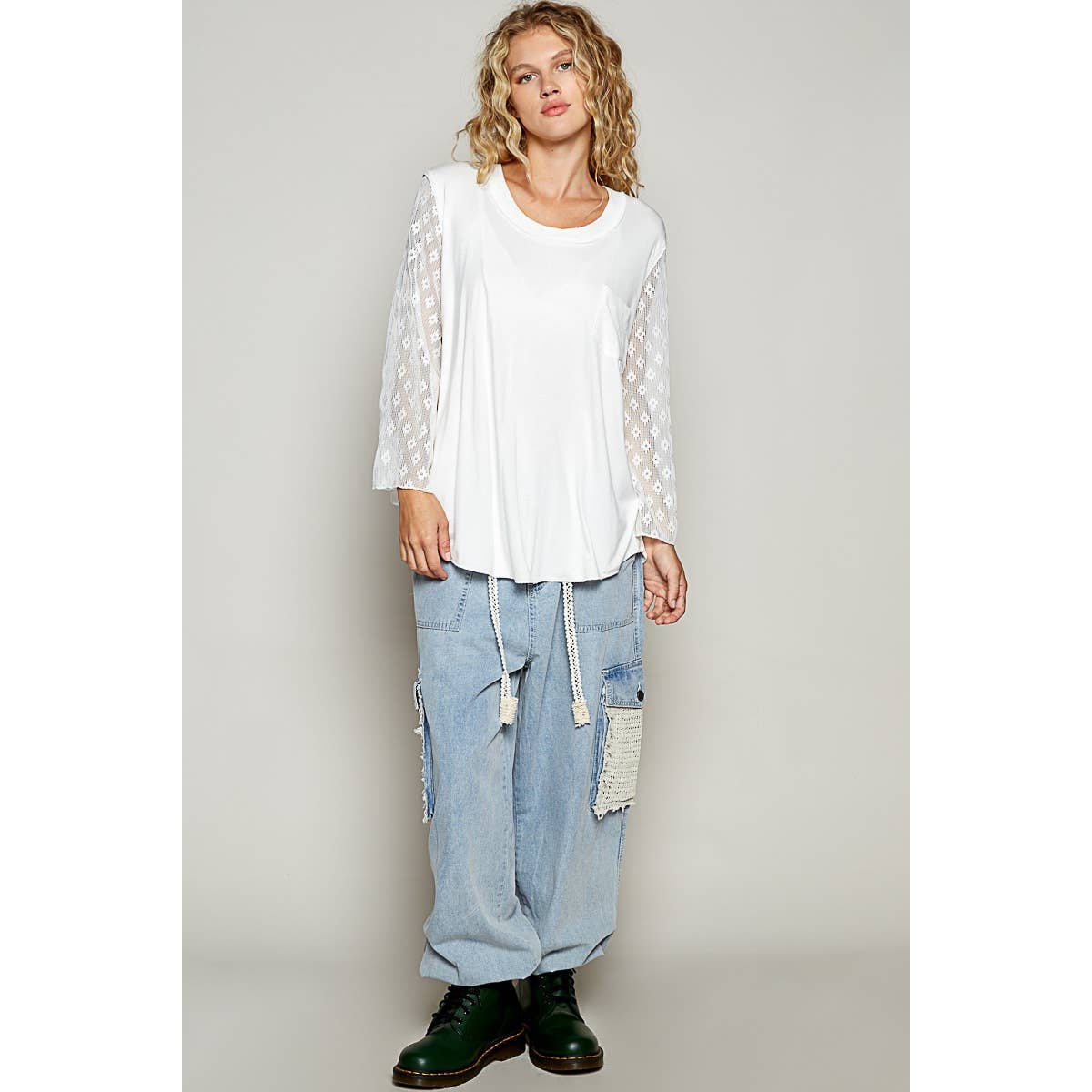 Pol Clothing - Scoop neck lace long sleeve front pocket solid top