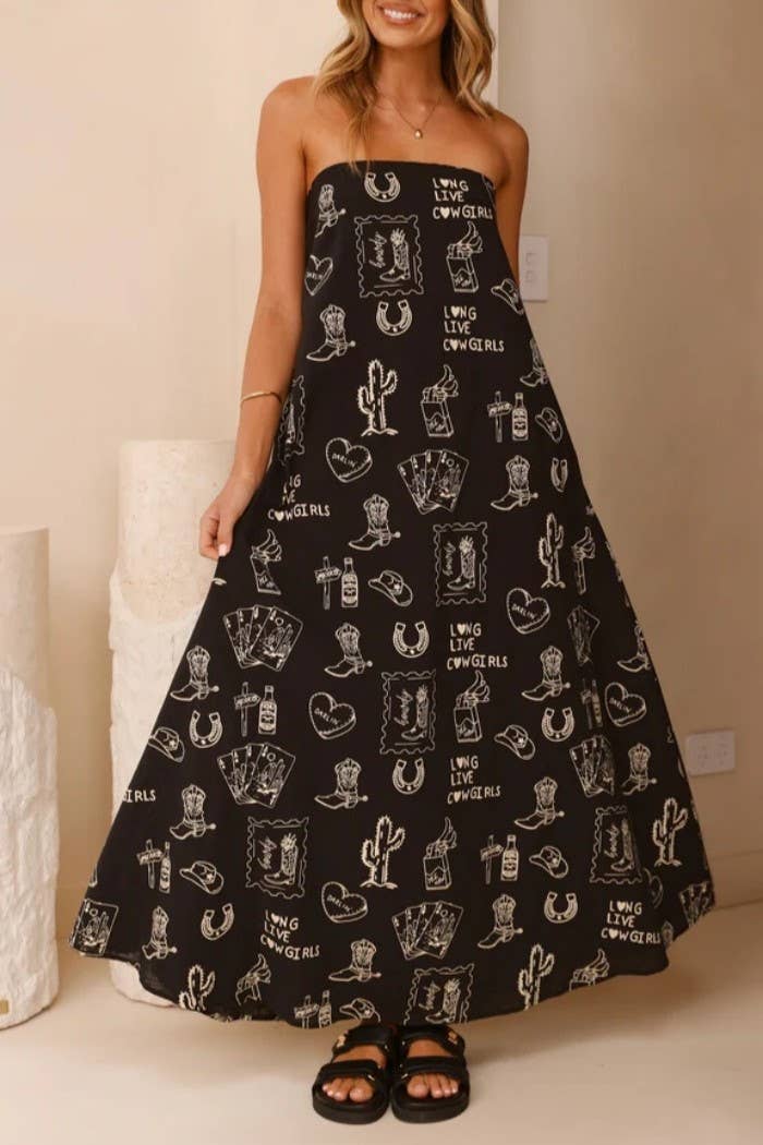 Rosa Clothing - Western cowgirl Desert Theme print strapless dress