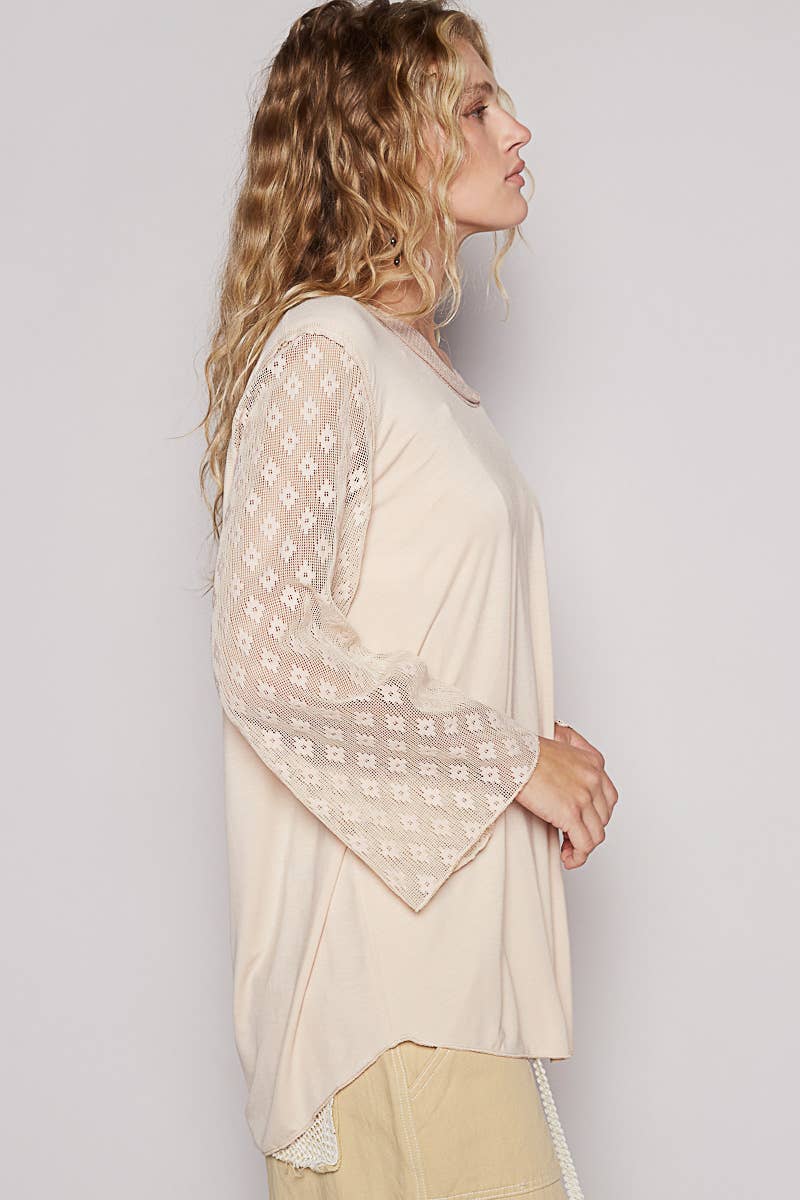 Pol Clothing - Scoop neck lace long sleeve front pocket solid top