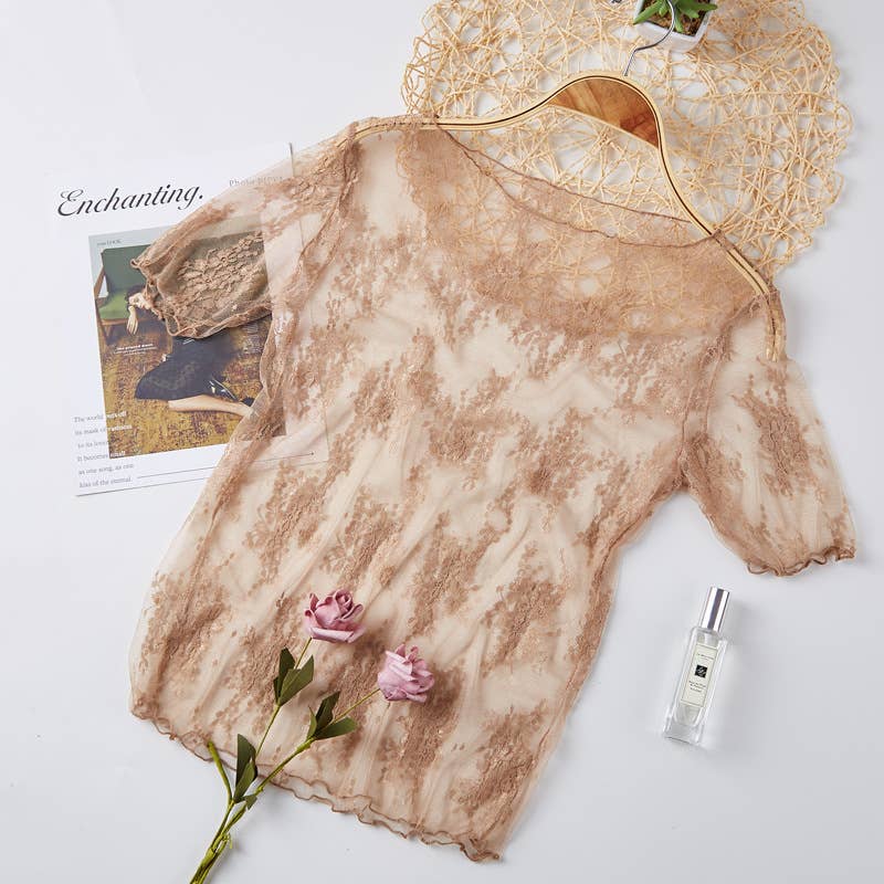 Rosa Clothing - Floral lace mesh see through short sleeve top - 6 colors