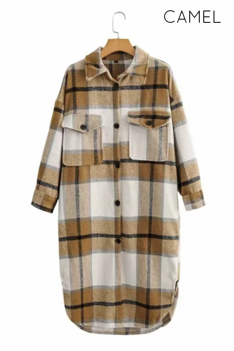 Miss Sparkling - Long Plaid Flannel Jacket