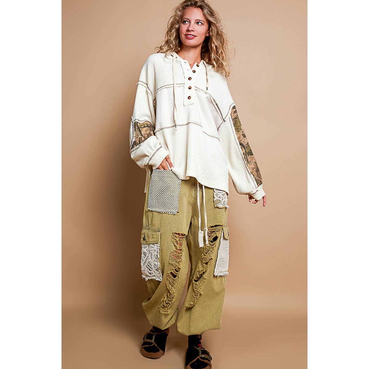 Pol Clothing - Printed camo sleeve elbow patches solid top SALE
