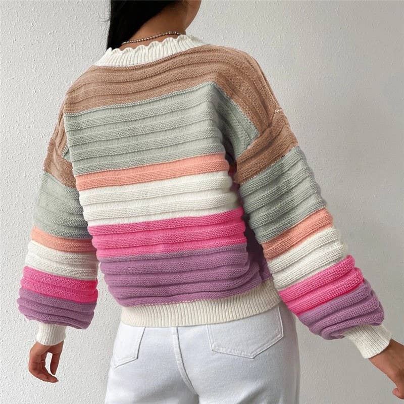 Rosa Clothing - Rainbow Striped Balloon Sleeve Cardigan