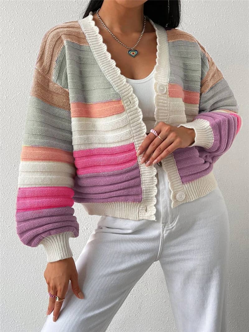 Rosa Clothing - Rainbow Striped Balloon Sleeve Cardigan