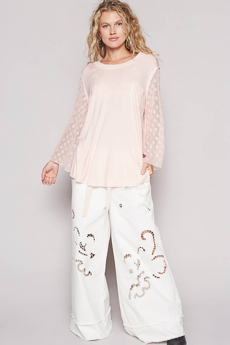 Pol Clothing - Scoop neck lace long sleeve front pocket solid top