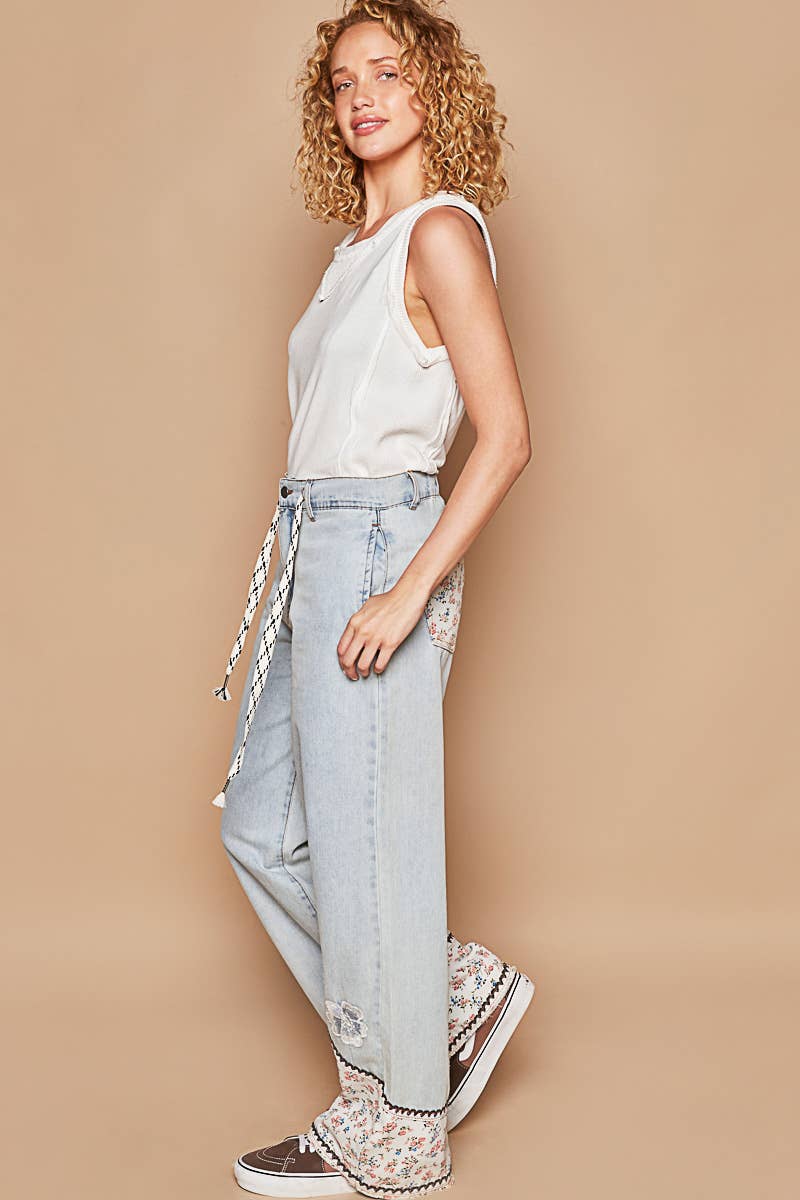 Pol Clothing - Floral patches embroidery elastic band casual pant