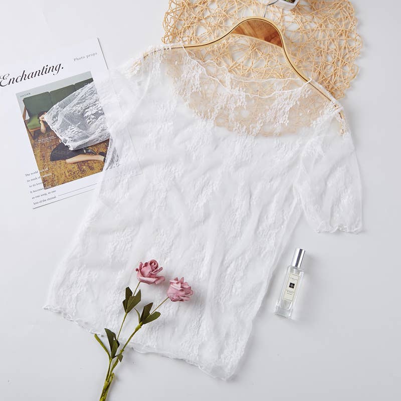 Rosa Clothing - Floral lace mesh see through short sleeve top - 6 colors